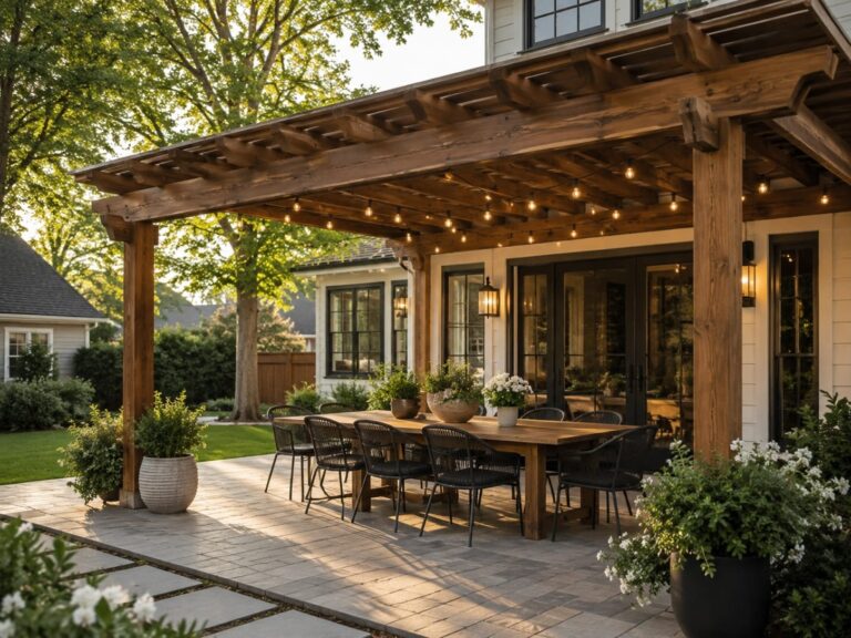 Wood pergola over a patio dining area with string lights