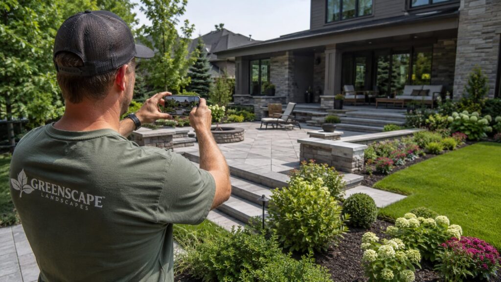 Contractor Photographing a Completed Landscaping Project