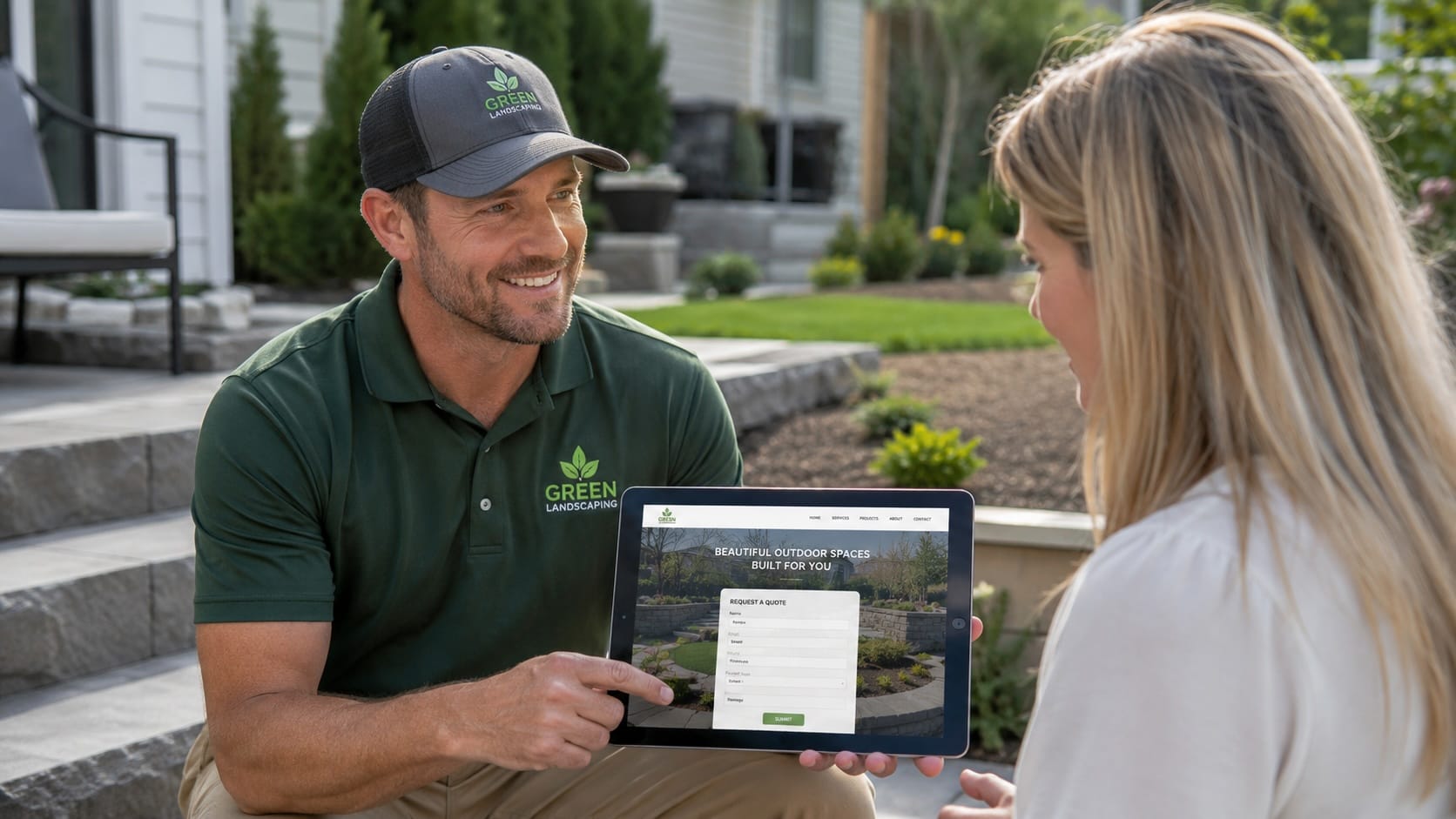 Landscaper Showing an Online Quote Form to a Client