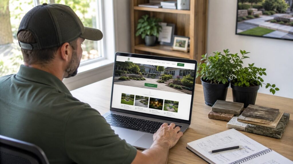 Landscaping Contractor Reviewing His Business Website