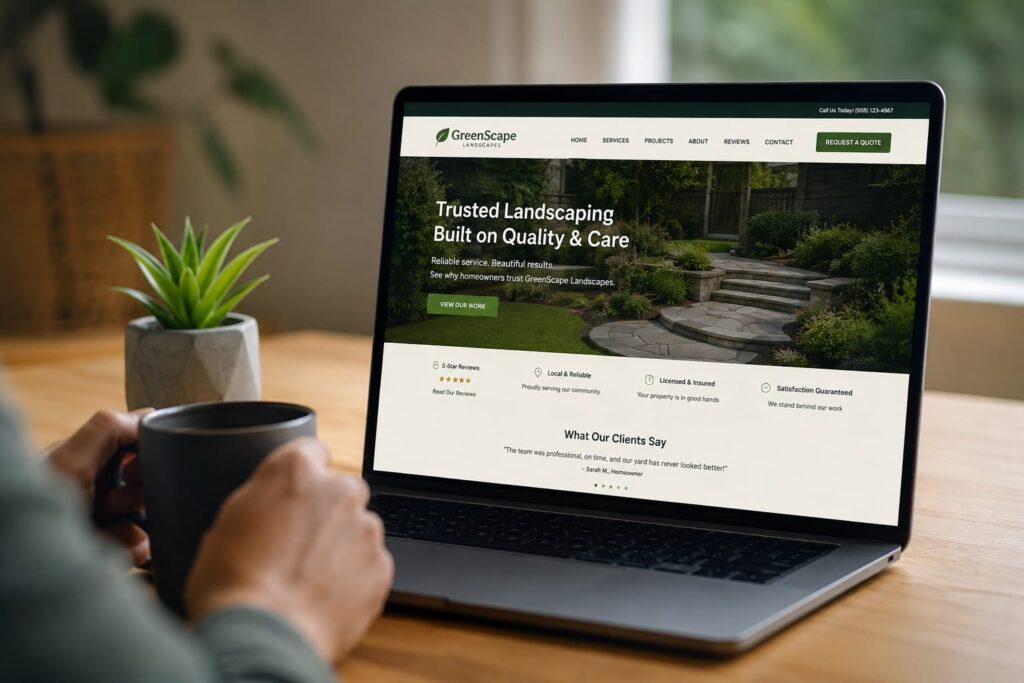 Landscaping Website Highlighting Reviews, Credentials and Trust Signals