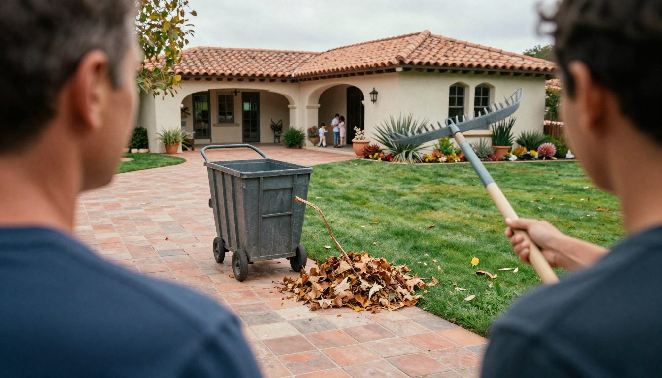 Choosing the Right Leaf Cleanup Homeowner stands by a rake and yard-waste cart near a Spanish-style patio.