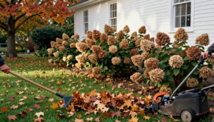 Hands rake shredded maple leaves beside green grass and white clapboard siding.