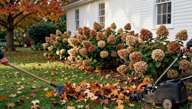 Hands rake shredded maple leaves beside green grass and white clapboard siding.