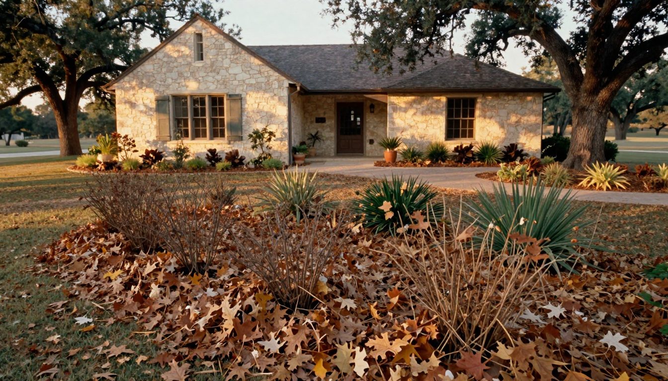 Using Leaves in Garden Beds Shredded leaves mulch beds beneath shrubs near a limestone ranch house.