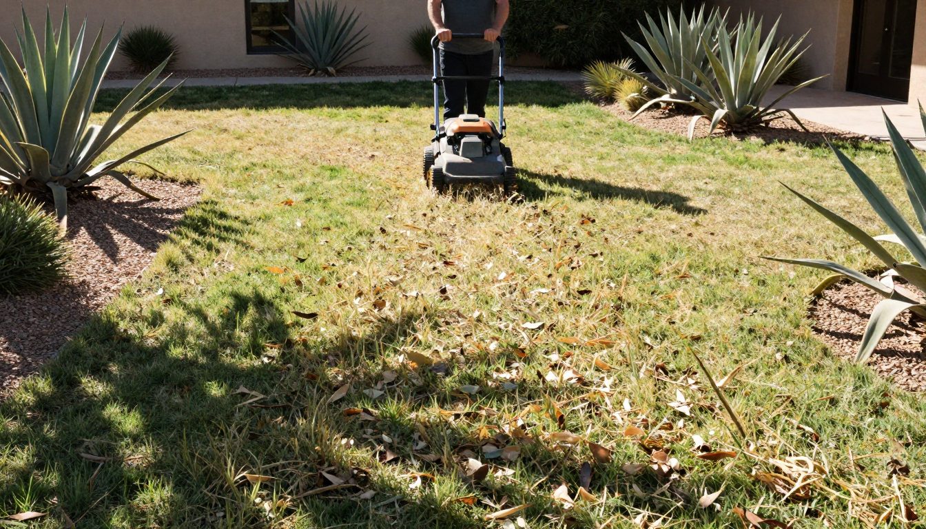 When Light Leaf Cover Works Person pushes a mulching mower across grass with scattered autumn leaves.